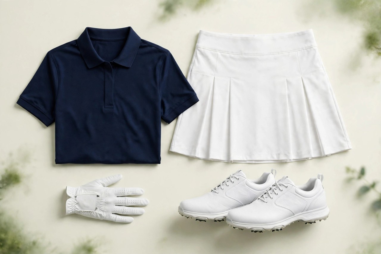 A coordinated women's golf outfit in navy and white: polo shirt, skort, glove and soft-spike shoes