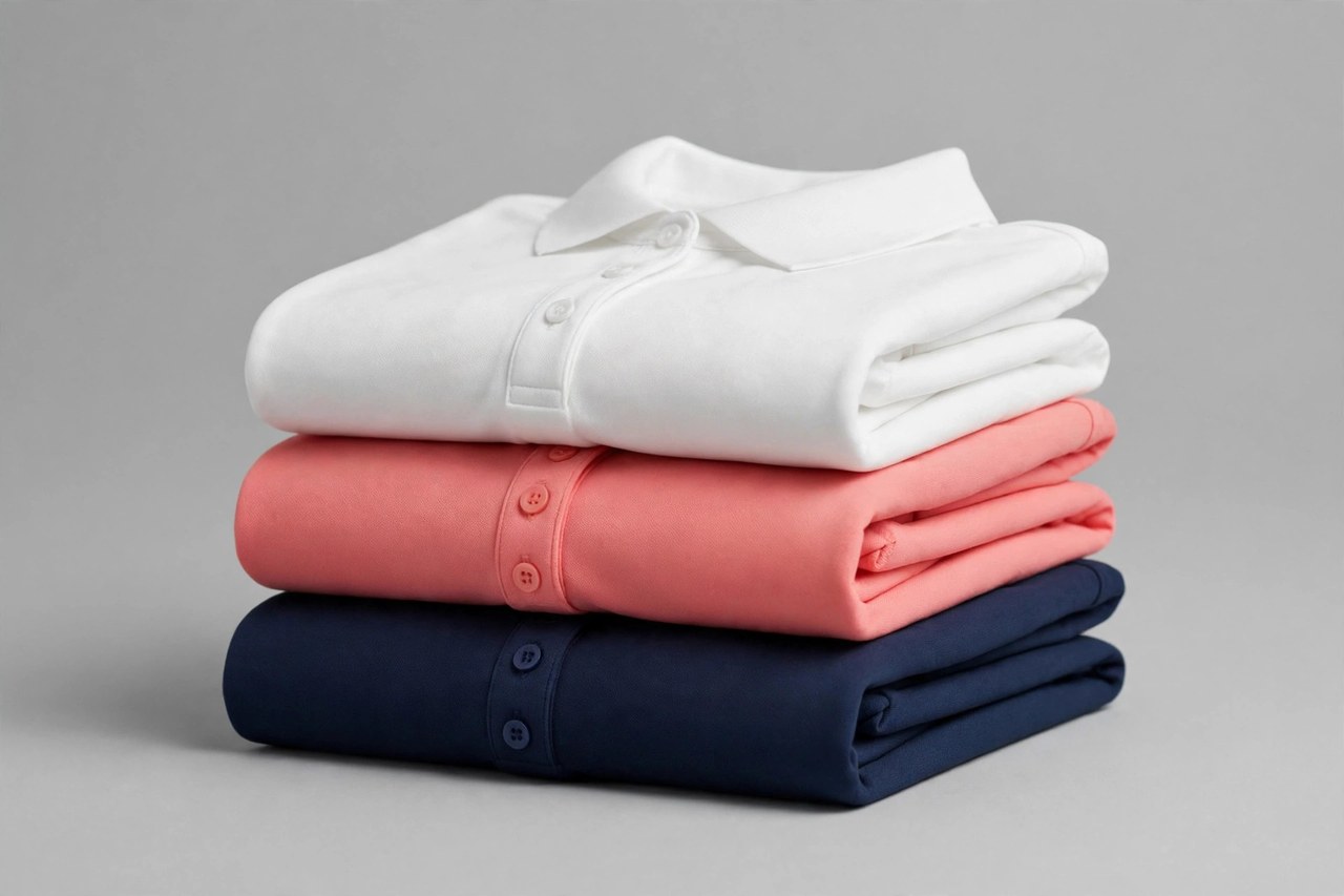 Folded women's golf polo shirts in white, coral and navy with neat collars and short plackets