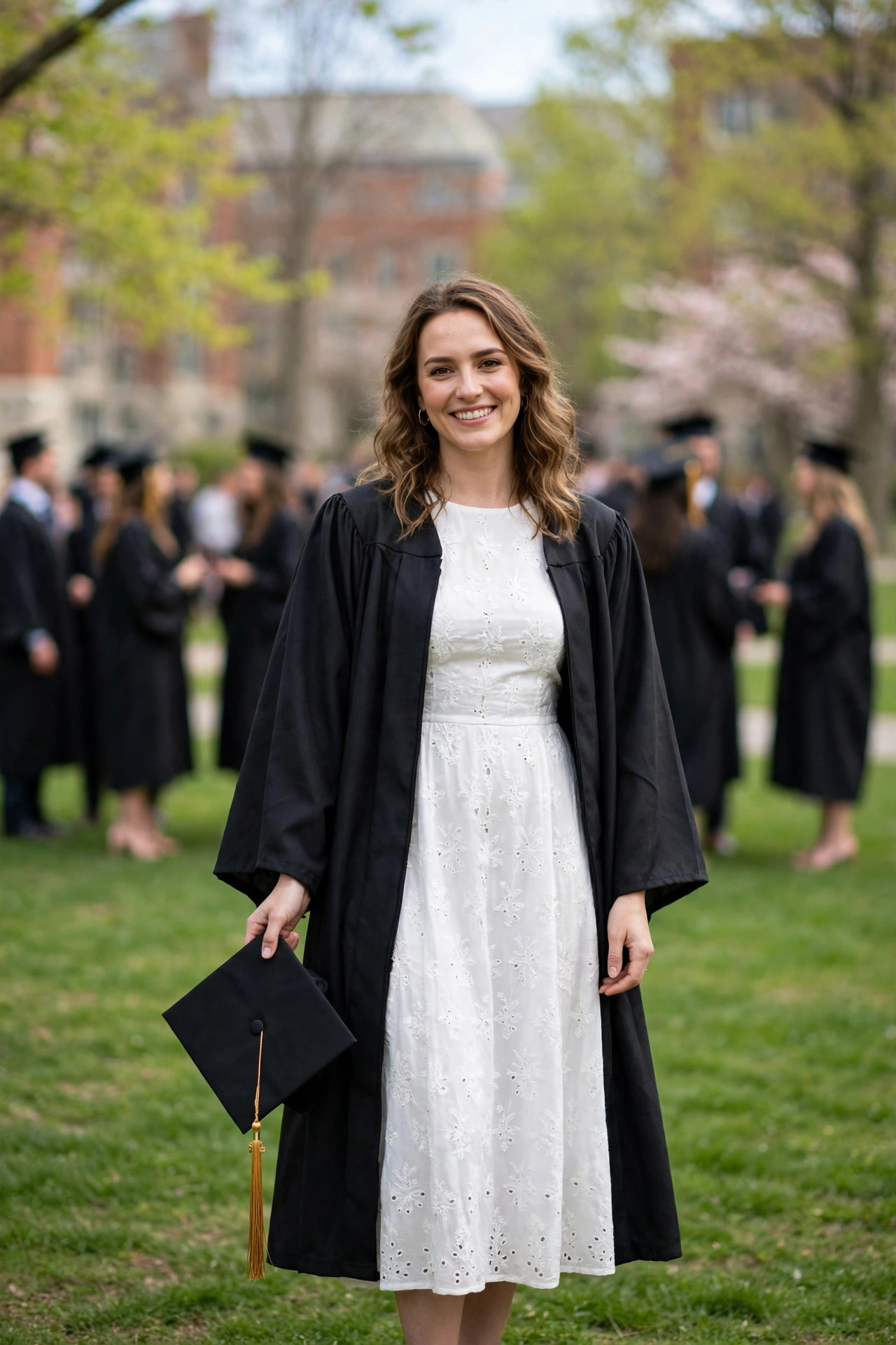 Adult woman graduate in a white midi dress under an open academic graduation gown holding her cap on a university lawn