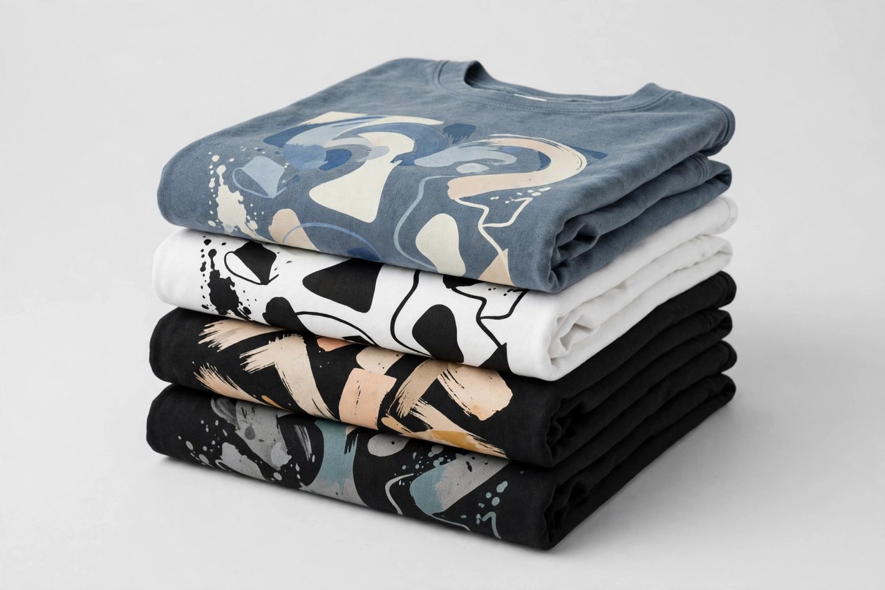 A stack of women's graphic t-shirts with bold printed designs in black, white and washed colours