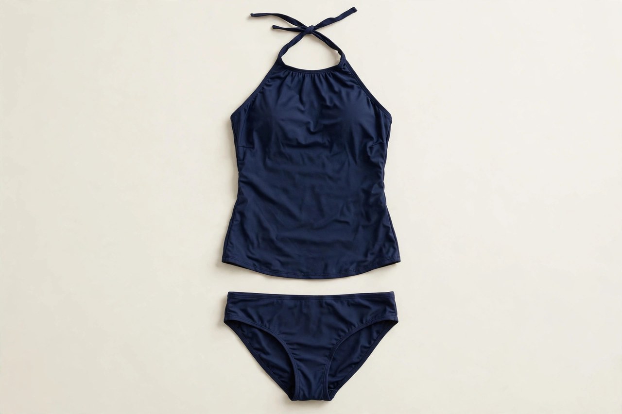 A women's halter tankini set laid flat: navy halter swim top with a long torso and matching swim briefs