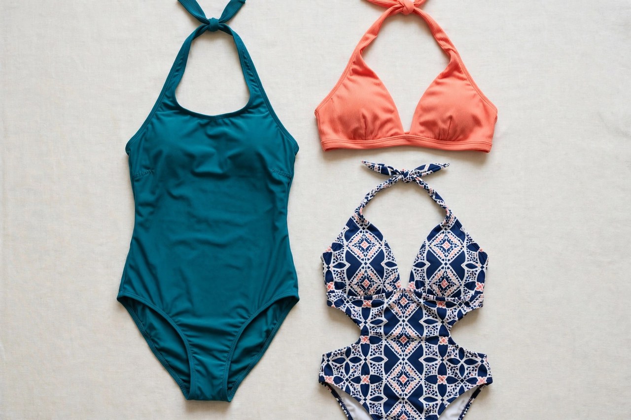 Women's halterneck swimsuits laid flat: a one-piece, a bikini top and a monokini in teal and coral swim fabric
