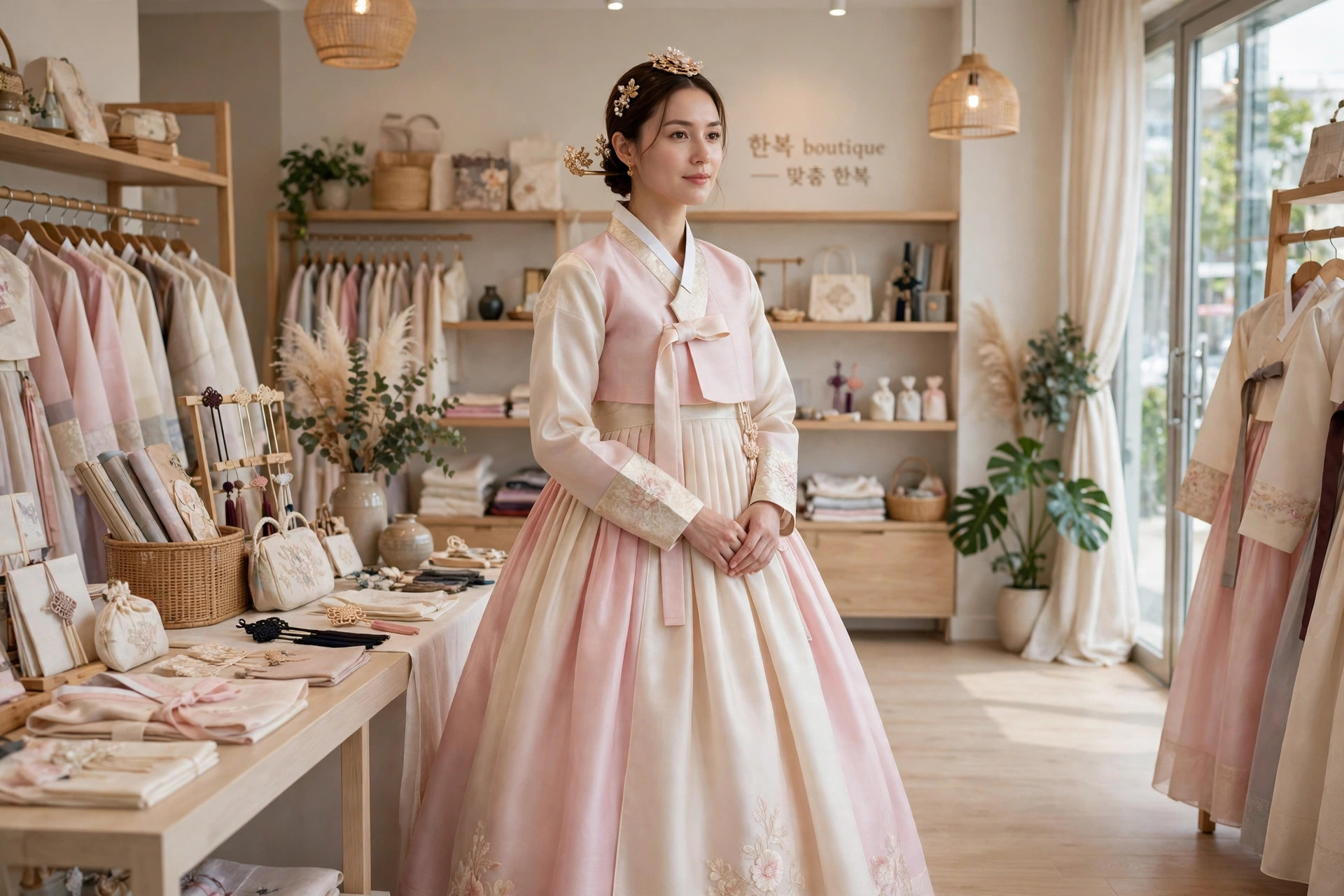 Woman wearing a traditional Korean hanbok with a short jeogori jacket and full flowing chima skirt in soft pink and cream silk