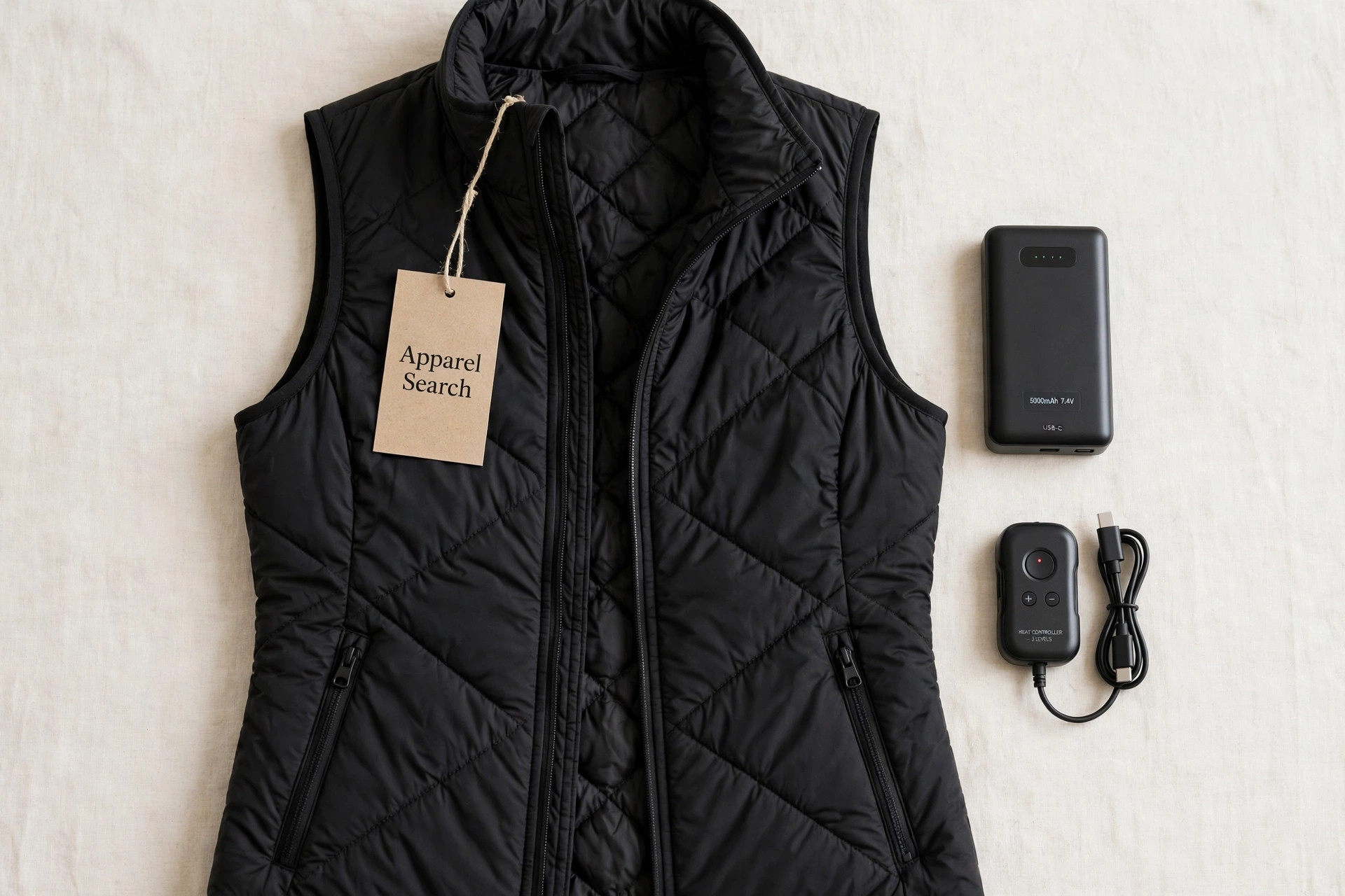 Women's heated clothing laid flat, a black heated vest with its battery pack and controller beside it, product photography with no people