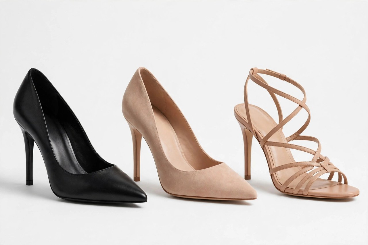 Women's high heel shoes: classic pointed pumps in black and nude beside strappy heeled sandals