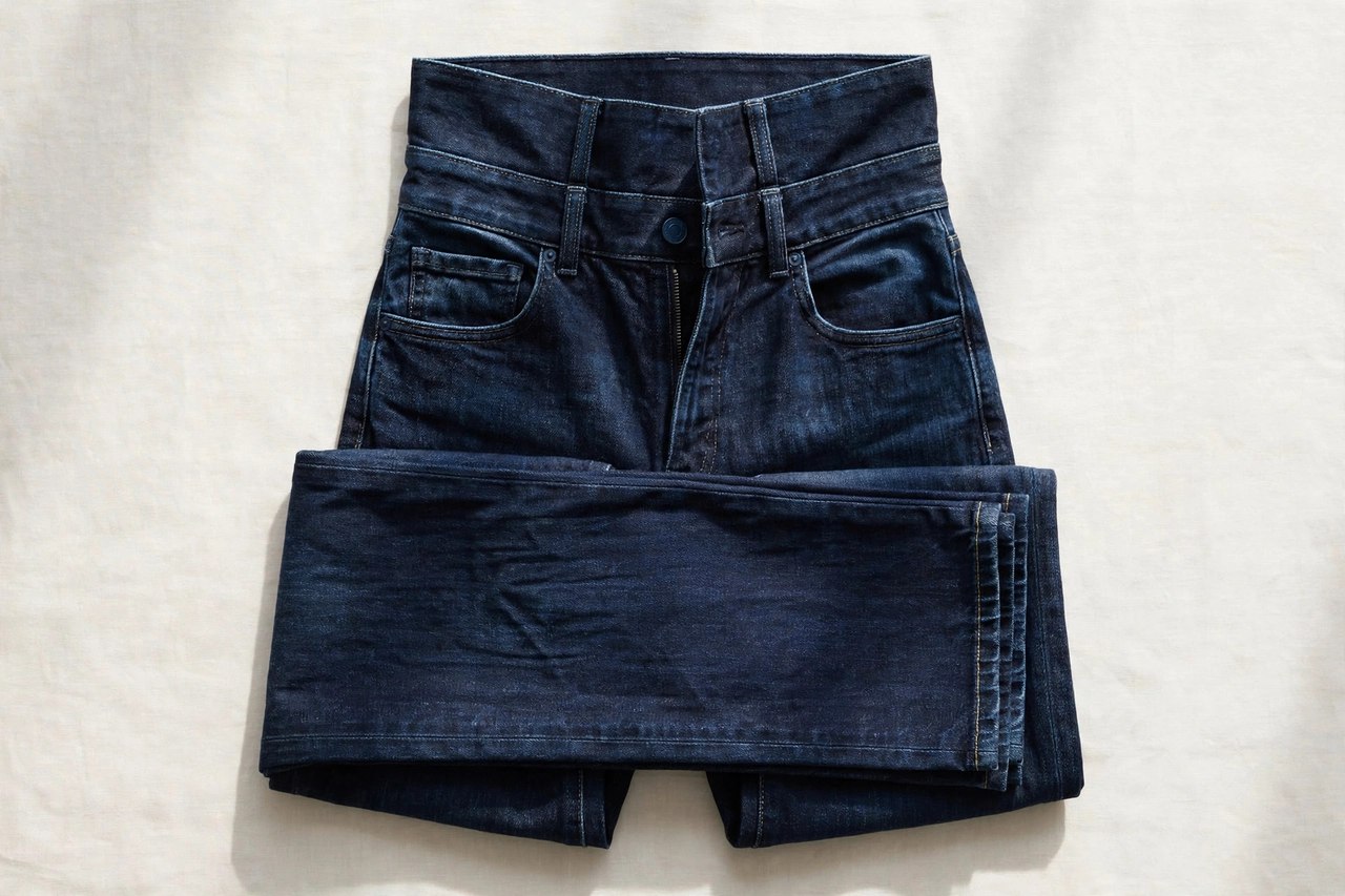 Women's high-rise jeans in dark indigo folded to show the tall waistband reaching the natural waist, product photography with no people