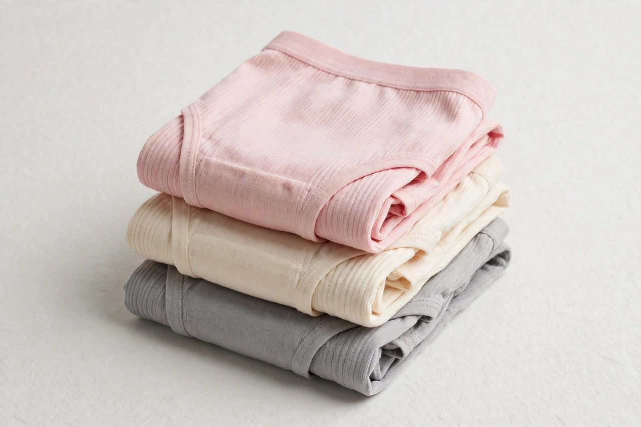 Folded women's hipkini underwear in soft pastel and neutral shades, laid flat with no body or model