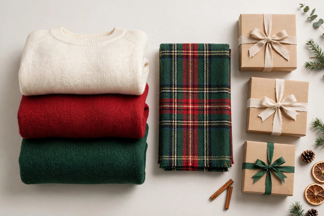 Neatly folded women's sweaters, a scarf and gift boxes arranged for holiday sale shopping, with no visible prices or text