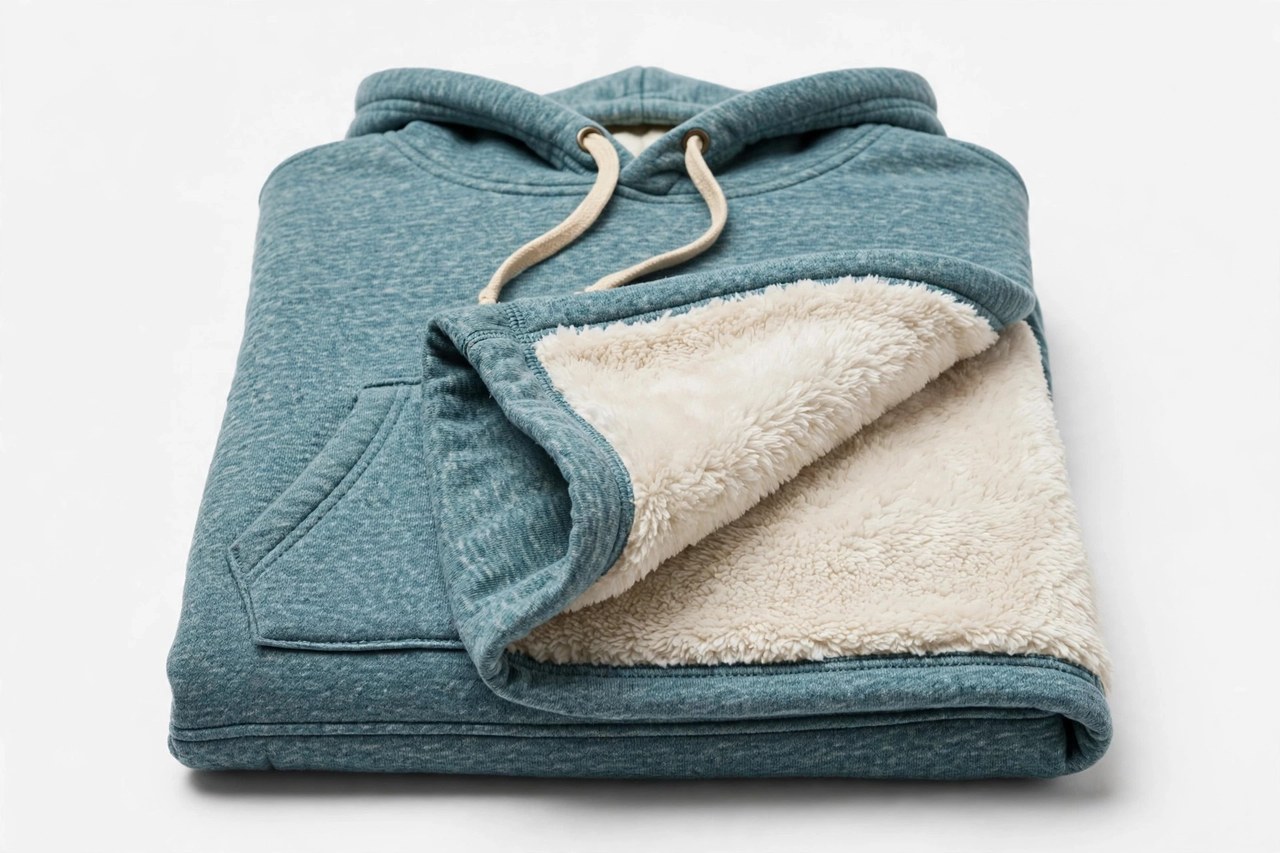 A women's hooded sweatshirt in heather fleece with a kangaroo pocket and drawstring hood, folded to show the brushed interior