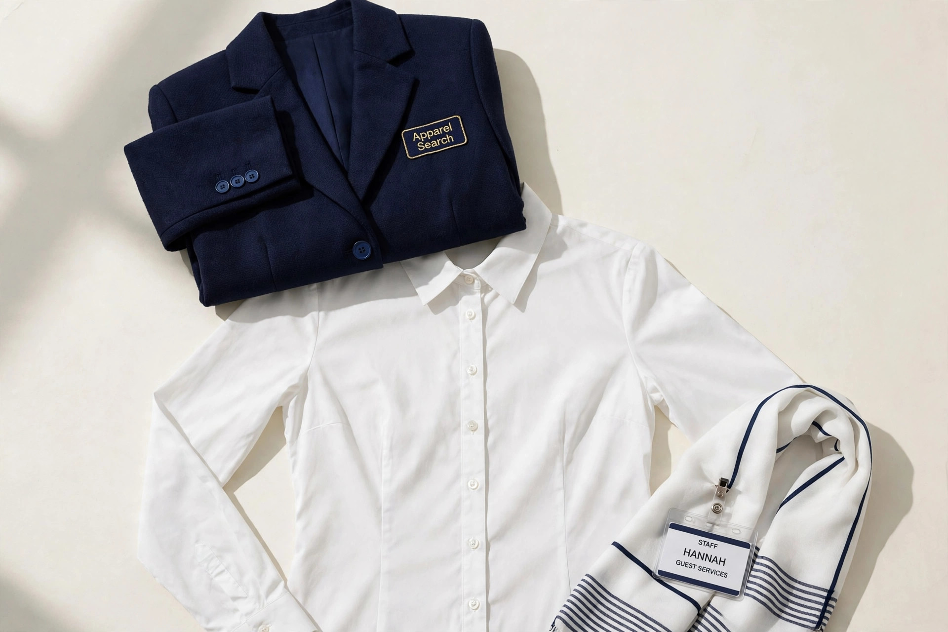 Women's hospitality uniform set laid flat, navy blazer, white blouse and scarf with a name badge, product photography with no people