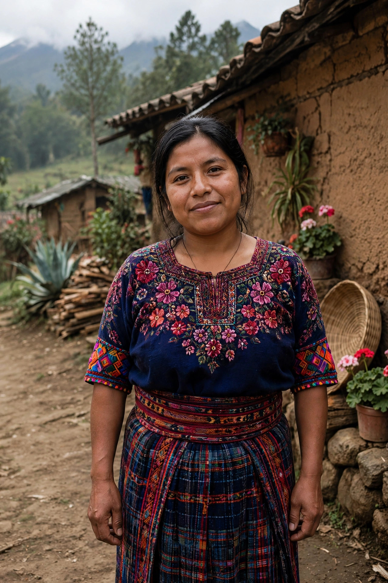 Woman wearing a traditional Guatemalan huipil, a loose woven tunic with colorful brocaded patterns, in a highland village