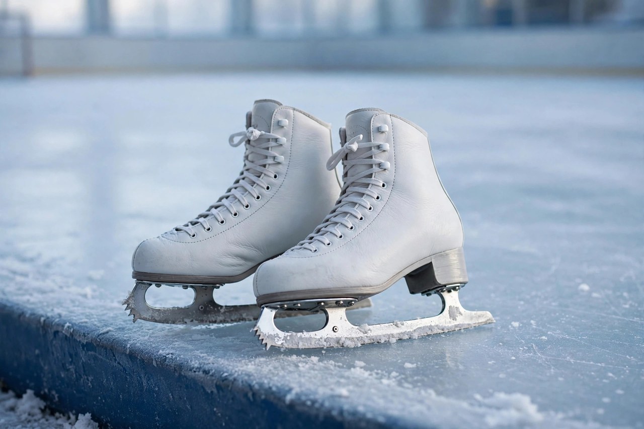 A pair of women's white figure ice skates with polished steel blades at the edge of an ice rink