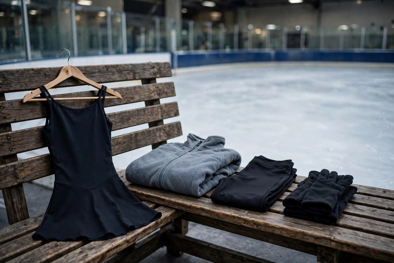 Ice skating practice clothing arranged on a bench: a skating dress on a hanger, fleece jacket, leggings and gloves