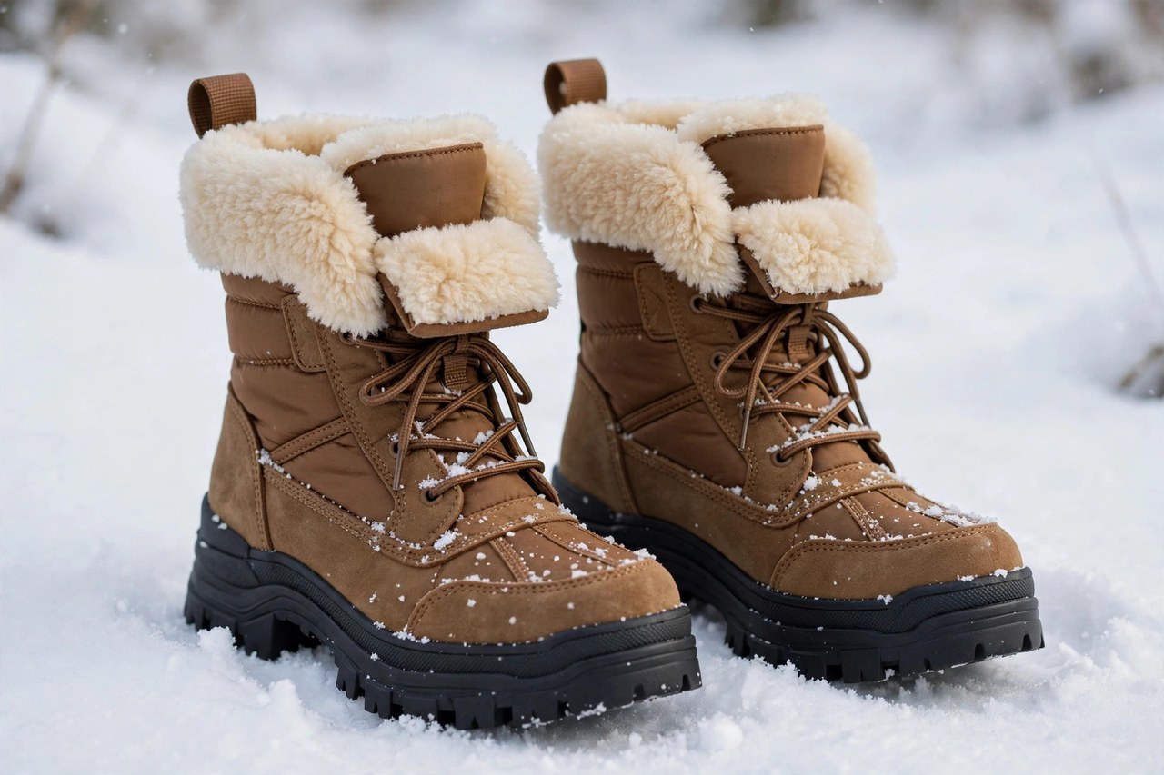 A pair of women's insulated winter boots with warm lining and rugged soles standing in fresh snow