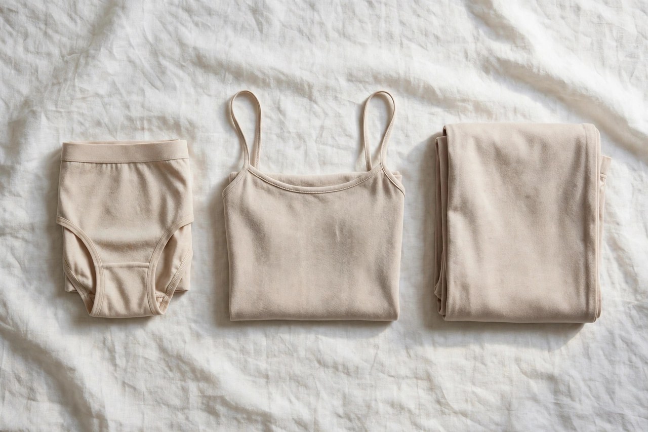Neatly folded women's intimate apparel basics: plain underwear, a camisole and folded sleepwear in soft neutral colors on white linen