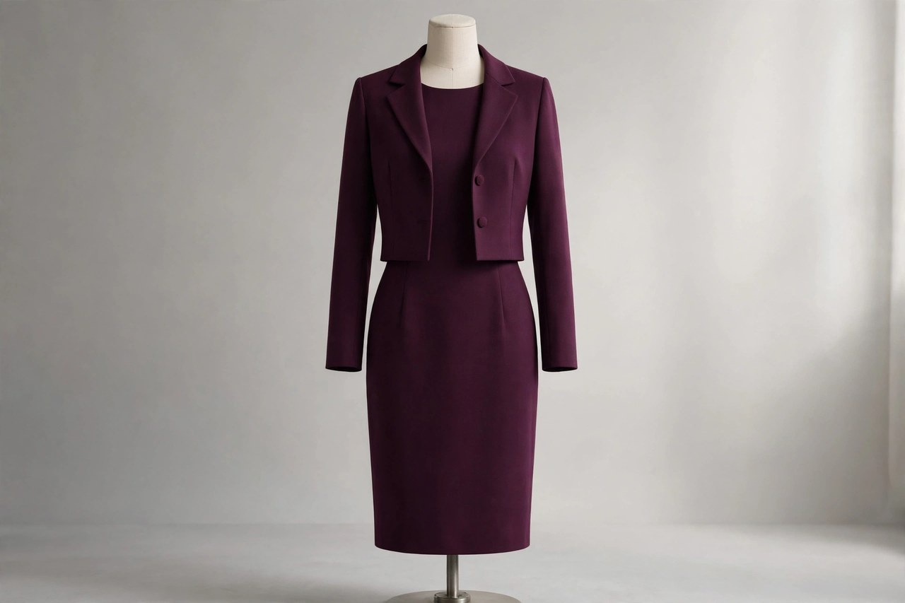 A women's jacket dress set: a sleeveless sheath dress with a matching cropped jacket in the same fabric