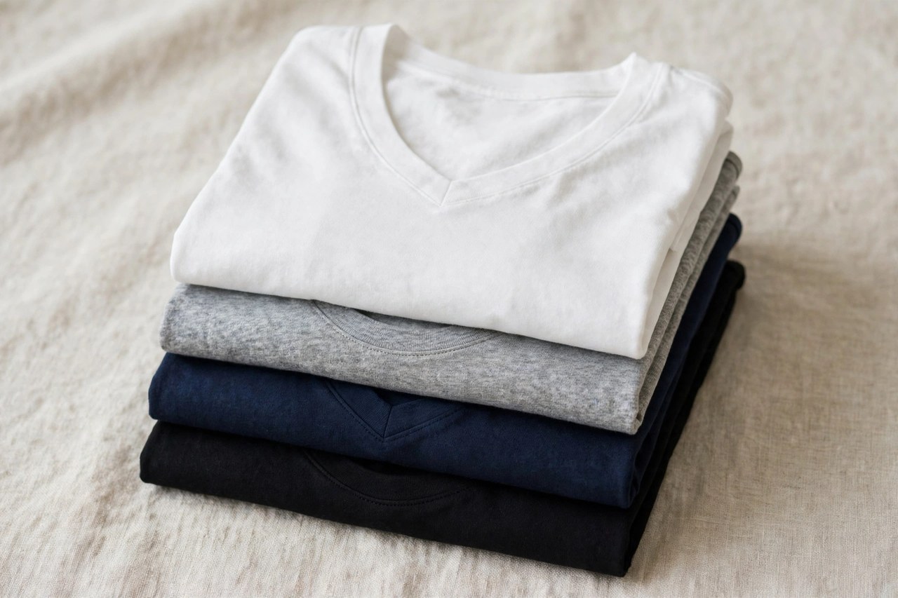 A neat stack of women's jersey t-shirts in white, grey marl, navy and black, showing crew and v-neck styles