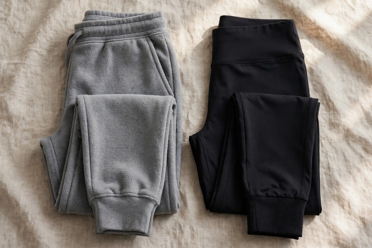 Women's jogging pants folded and laid out: grey fleece sweatpants, tapered joggers with cuffed ankles and black fitness pants