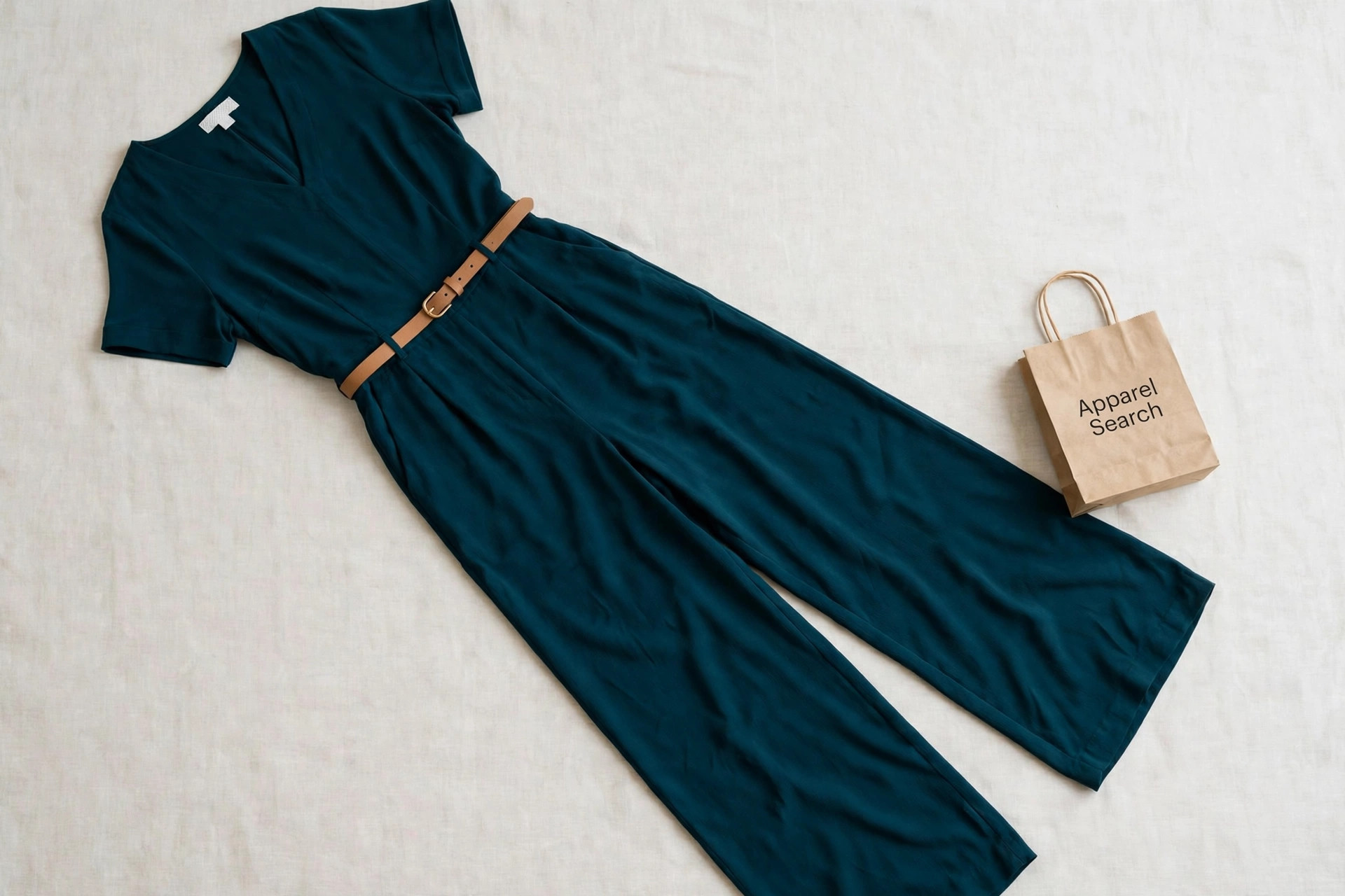 Women's wide-leg jumpsuit in deep teal crepe laid flat with a slim belt and a small white woven label, product photography with no people