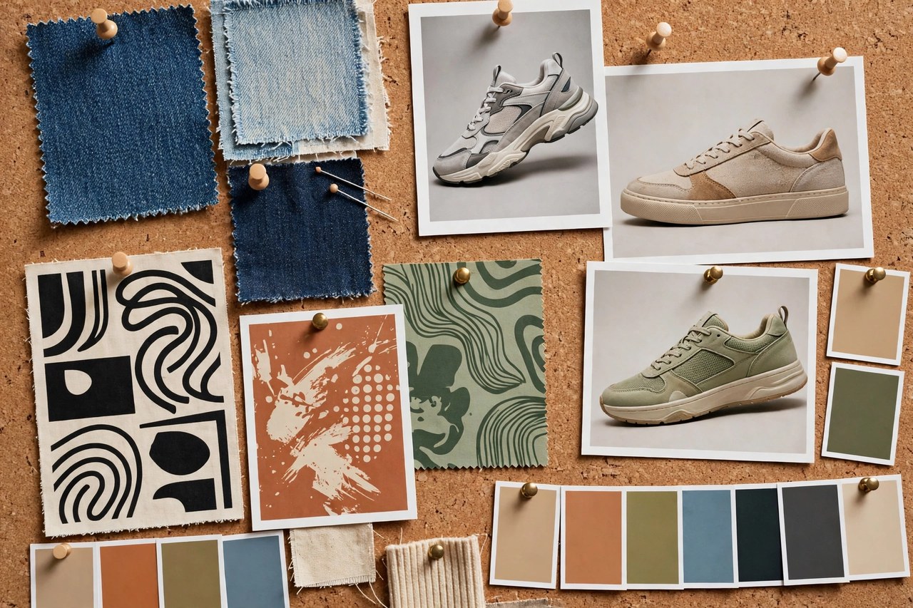 A mood board of juniors fashion trends: denim swatches, sneaker photos, graphic tee prints and color cards pinned together