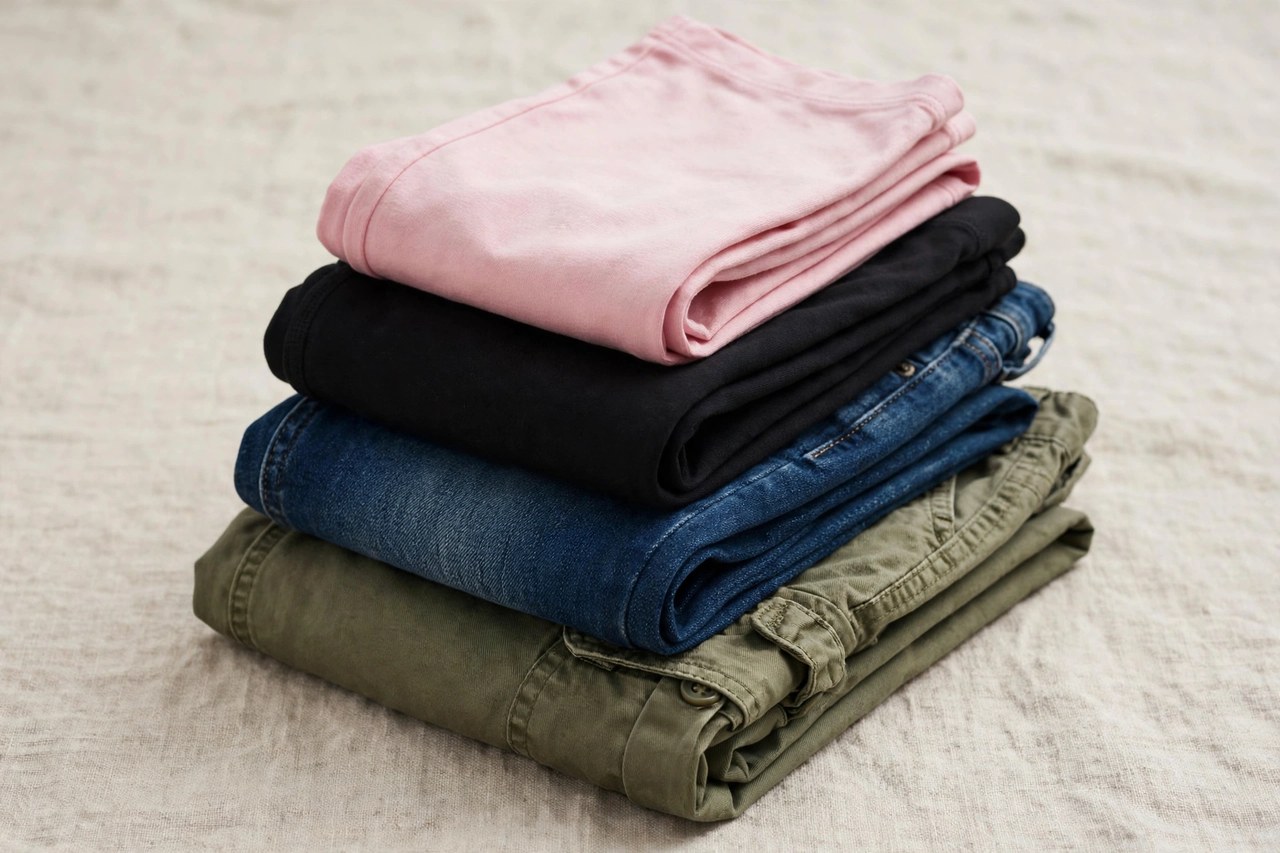 Juniors pants folded in a stack: skinny jeans, black leggings, cargo pants and a pair of capris in junior sizes