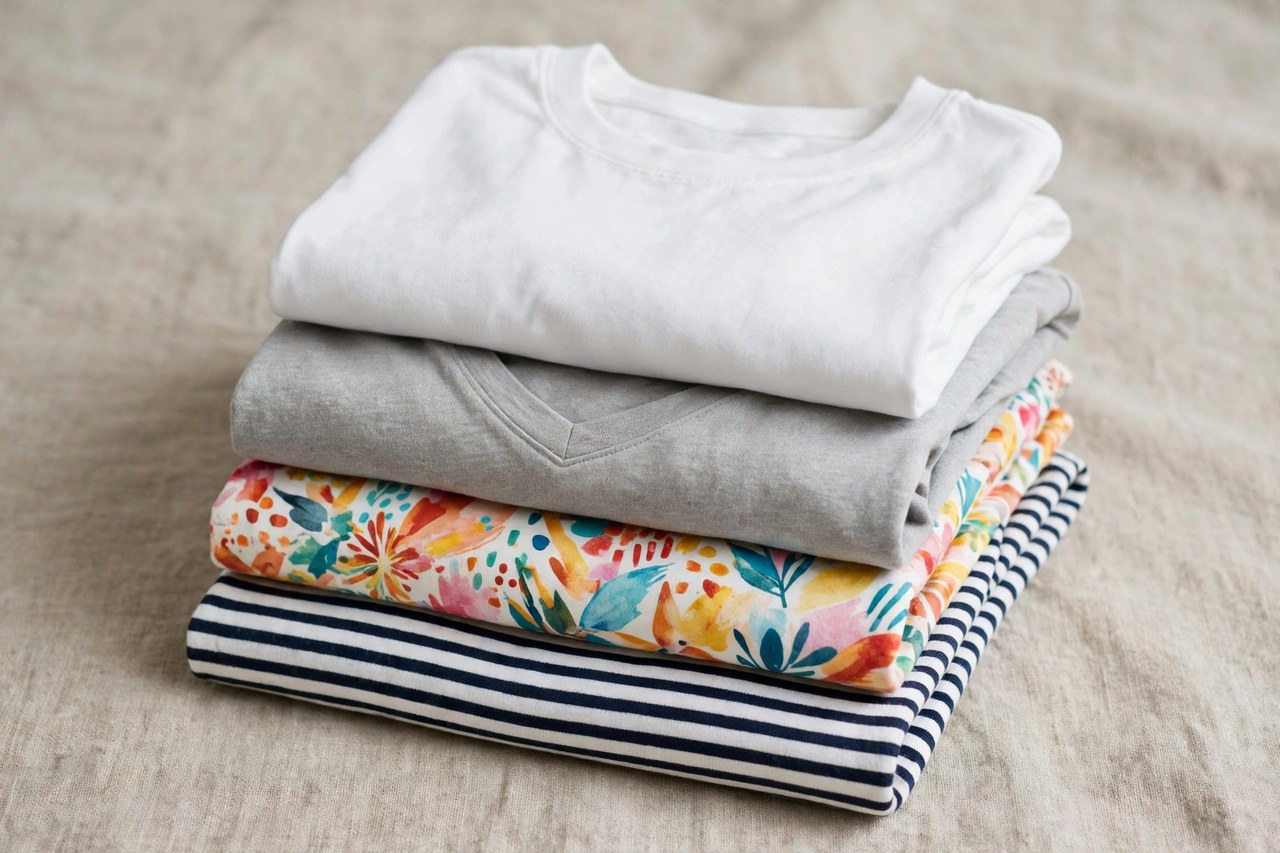 A stack of juniors t-shirts: a white crew neck, a v-neck, a graphic tee and a striped long-sleeve tee in junior sizes