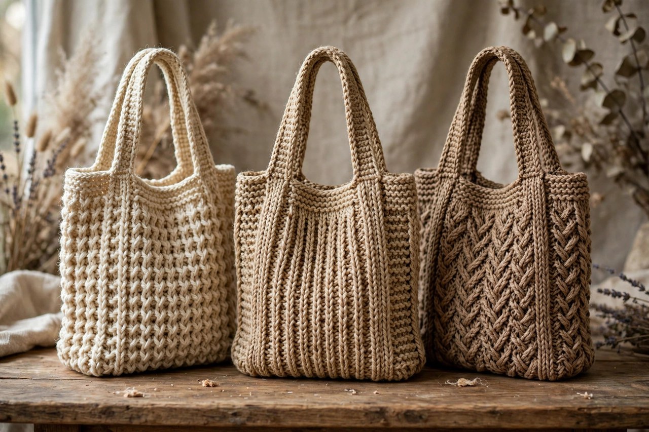 Hand-knitted tote bags in natural yarn colors standing on a wooden table