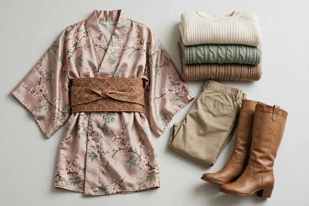 An arrangement of women's items beginning with K: a silk kimono, folded knit sweaters, khaki pants and a pair of knee high boots