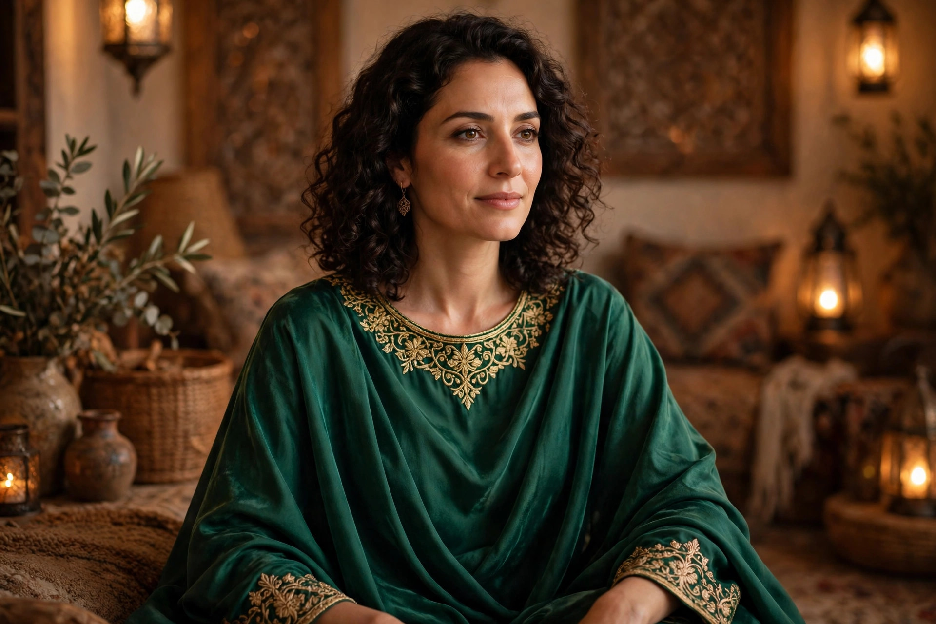 Woman wearing a flowing emerald kaftan with gold embroidery at the neckline and cuffs