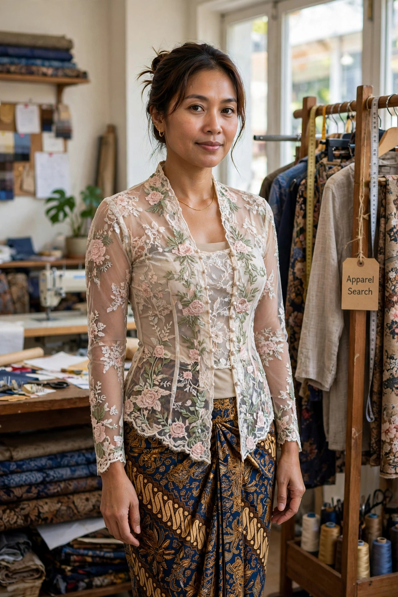 Woman wearing a traditional kebaya with a fitted embroidered lace blouse and a long batik sarong skirt