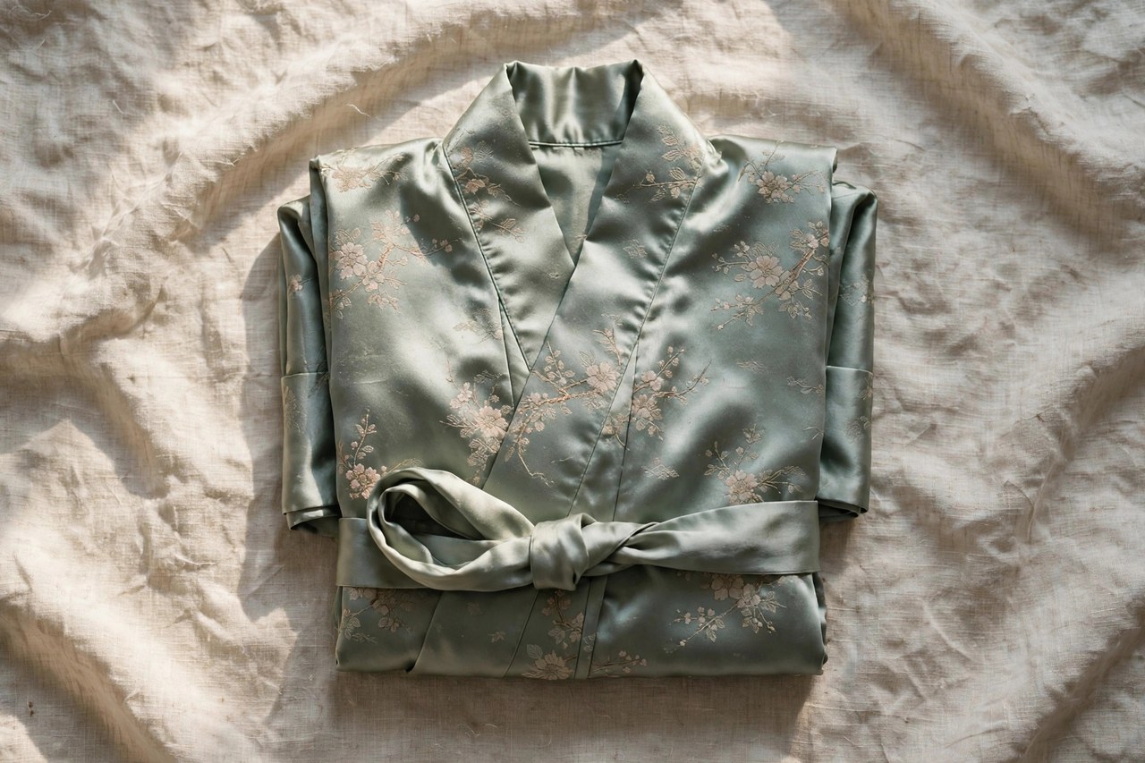 A folded silk kimono robe laid on linen bedding in soft morning light, showing its wide sleeves and sash belt