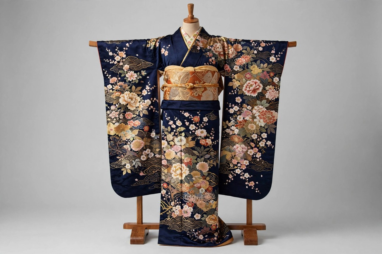 A traditional Japanese silk kimono with wide sleeves and an obi sash displayed on a wooden stand, with a rich floral pattern