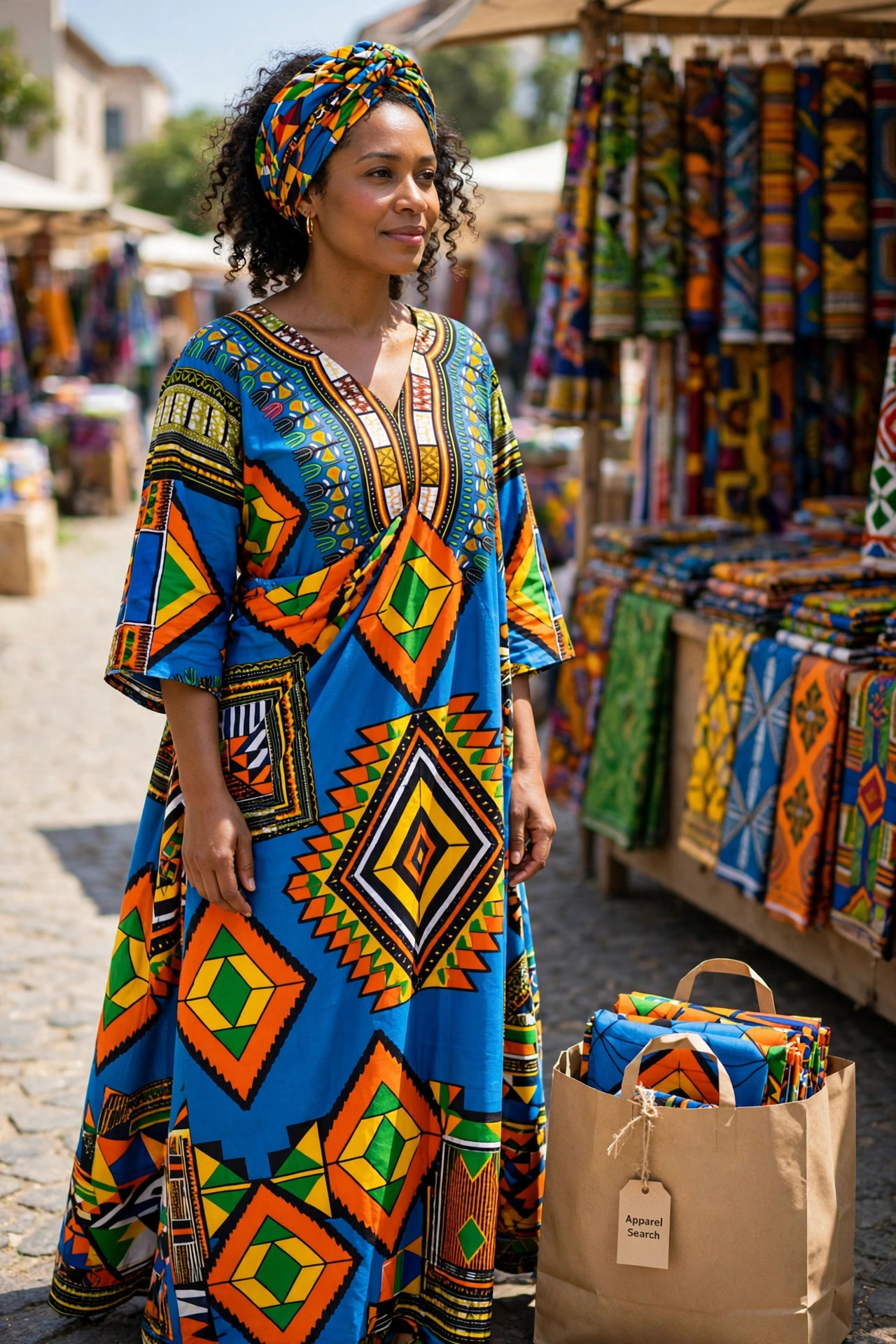 Woman wearing a kitenge outfit, a vibrant wax-print cotton dress with bold geometric pattern in East African style