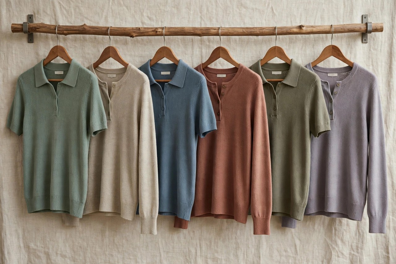 A row of women's knit polo and henley shirts in muted colors hanging on a clothing rail