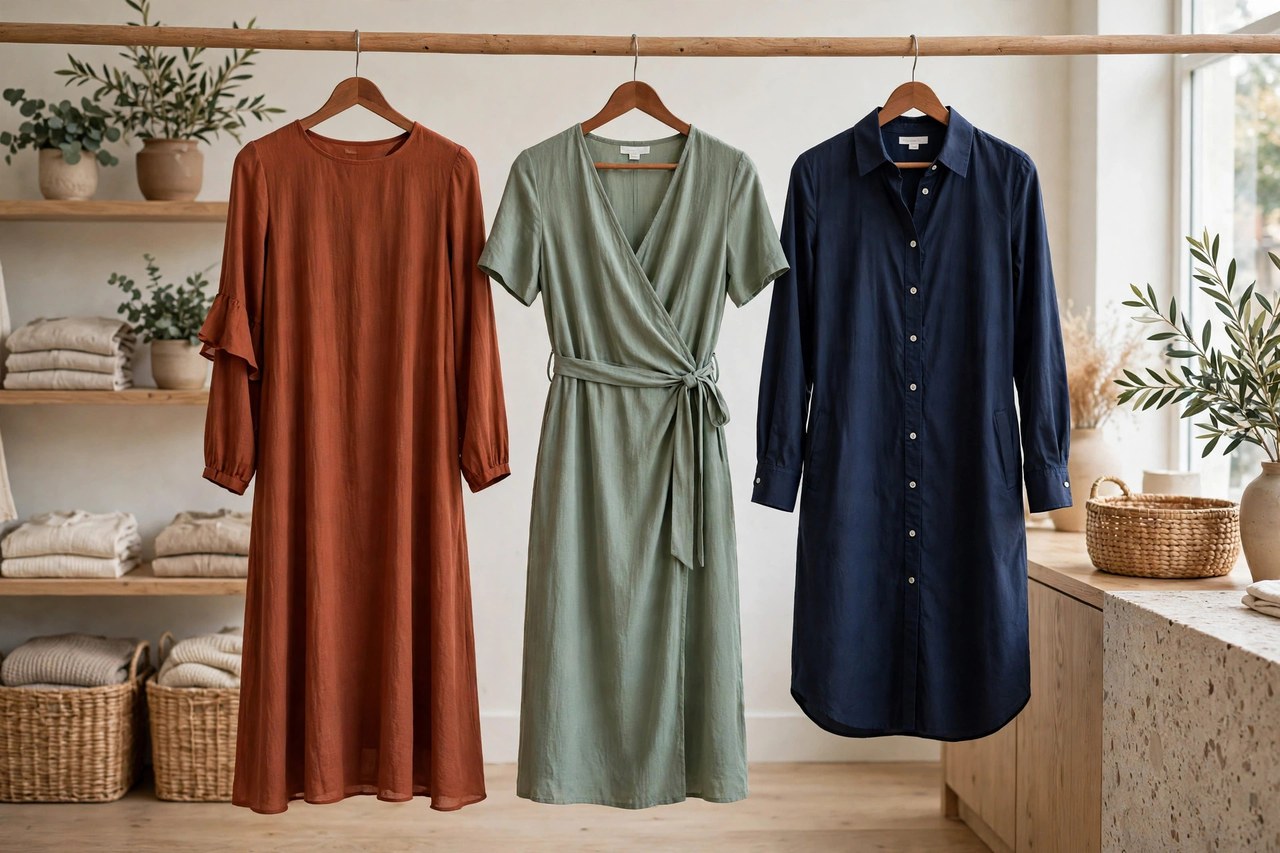 Modern women's contemporary dresses on a rail: a rust midi dress, a sage wrap dress and a navy shirt dress