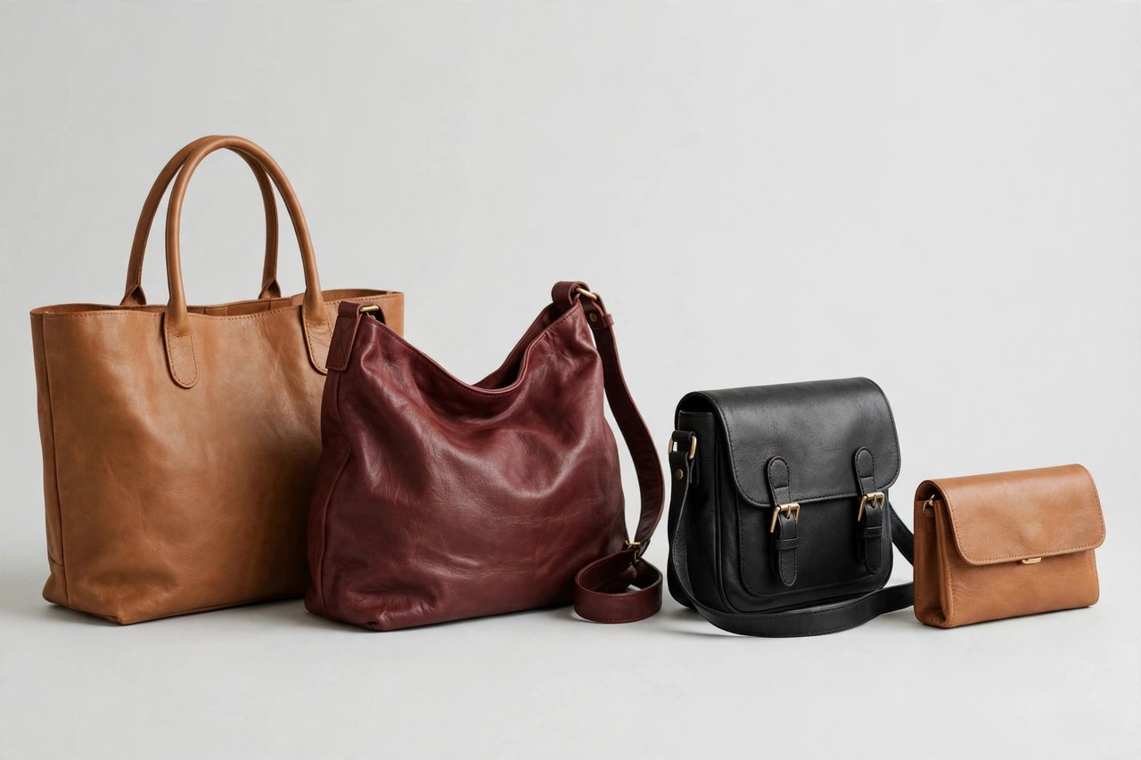 A collection of women's leather bags: a tote, a hobo, a crossbody bag and a clutch in tan, black and burgundy leather
