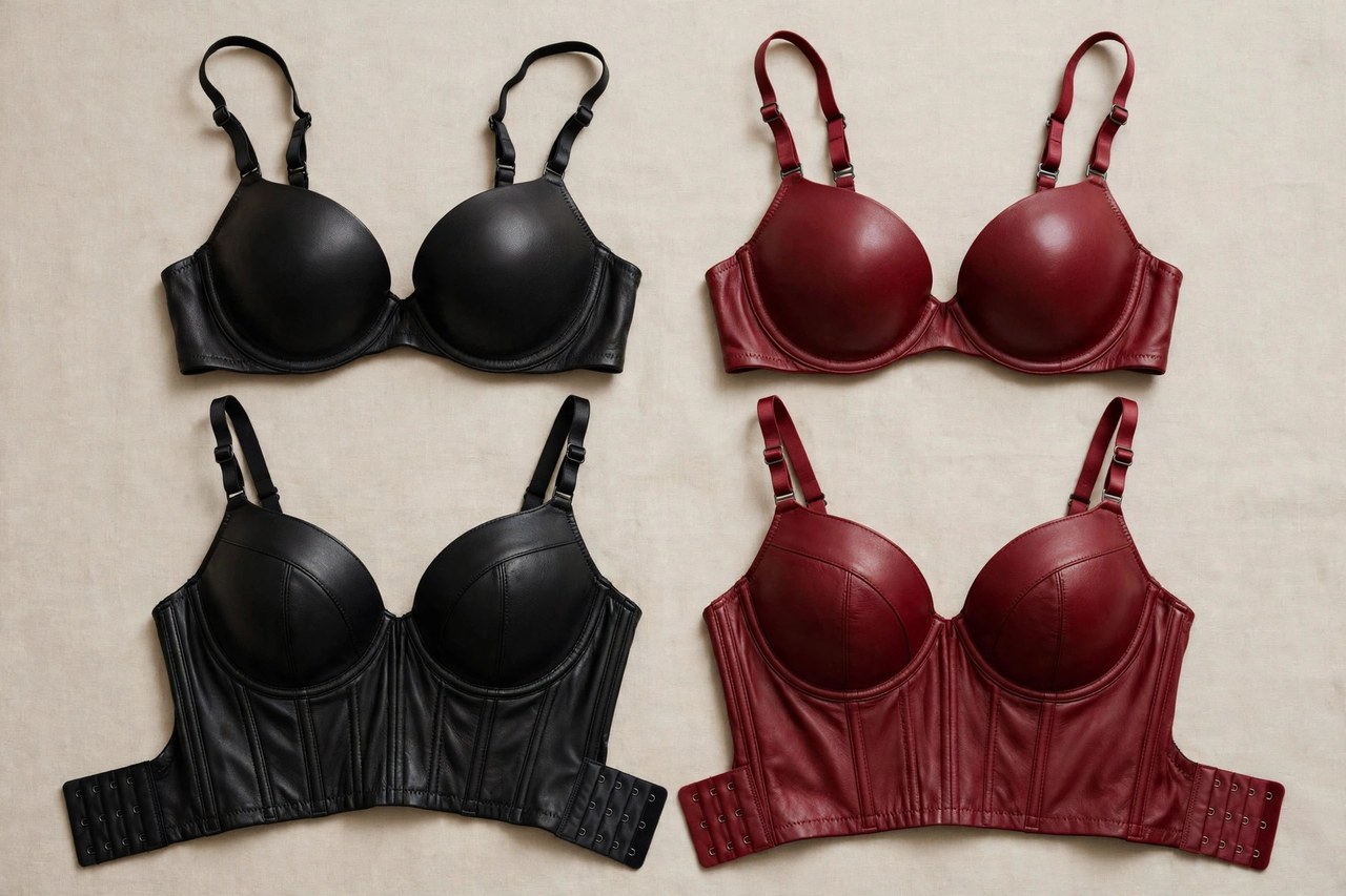 Women's leather bras laid flat as a product display: soft-cup and longline styles in black and deep red leather, garments only