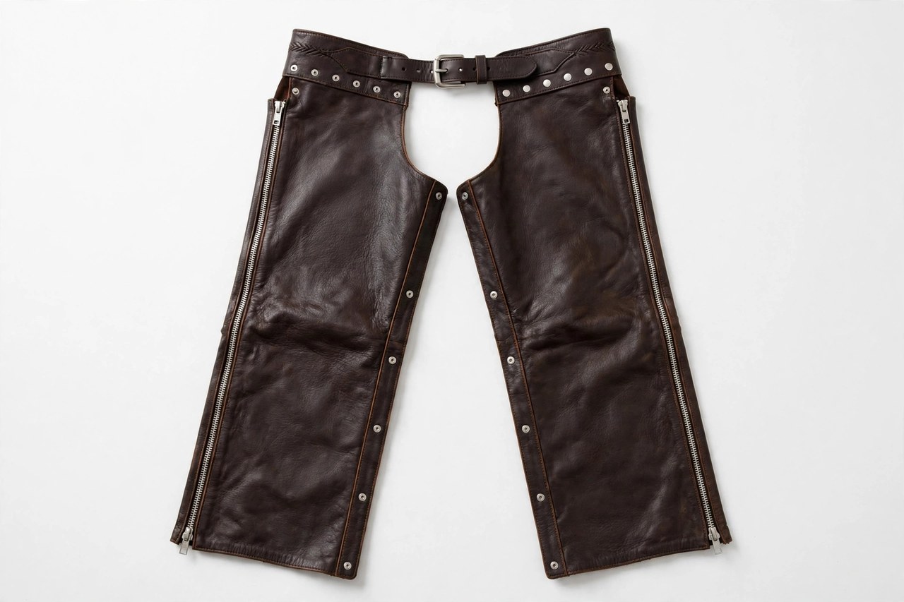 Women's leather motorcycle chaps laid flat with full-length leg zippers, snaps and an adjustable belt front