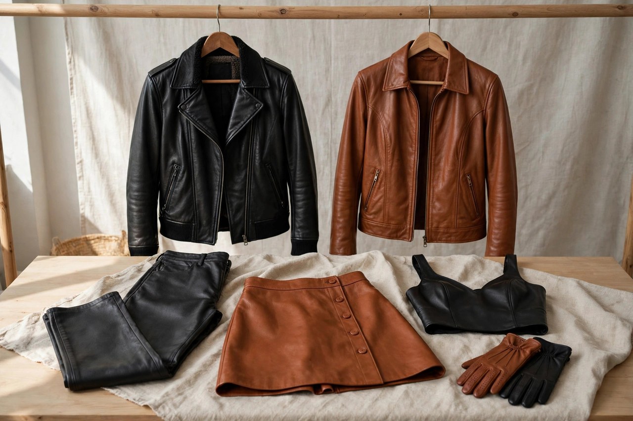 Women's leather clothing arranged together: a jacket, skirt, pants, top and gloves in black and cognac leather