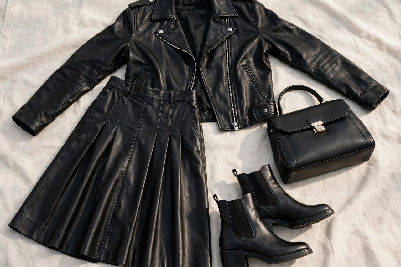 A styled flat lay of women's leather fashion: a black leather jacket, leather skirt, ankle boots and a structured handbag