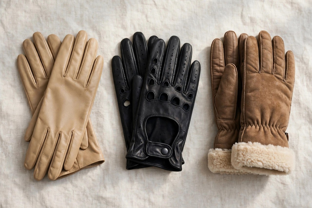 Women's leather gloves: a pair of smooth tan dress gloves, black driving gloves and lined winter gloves