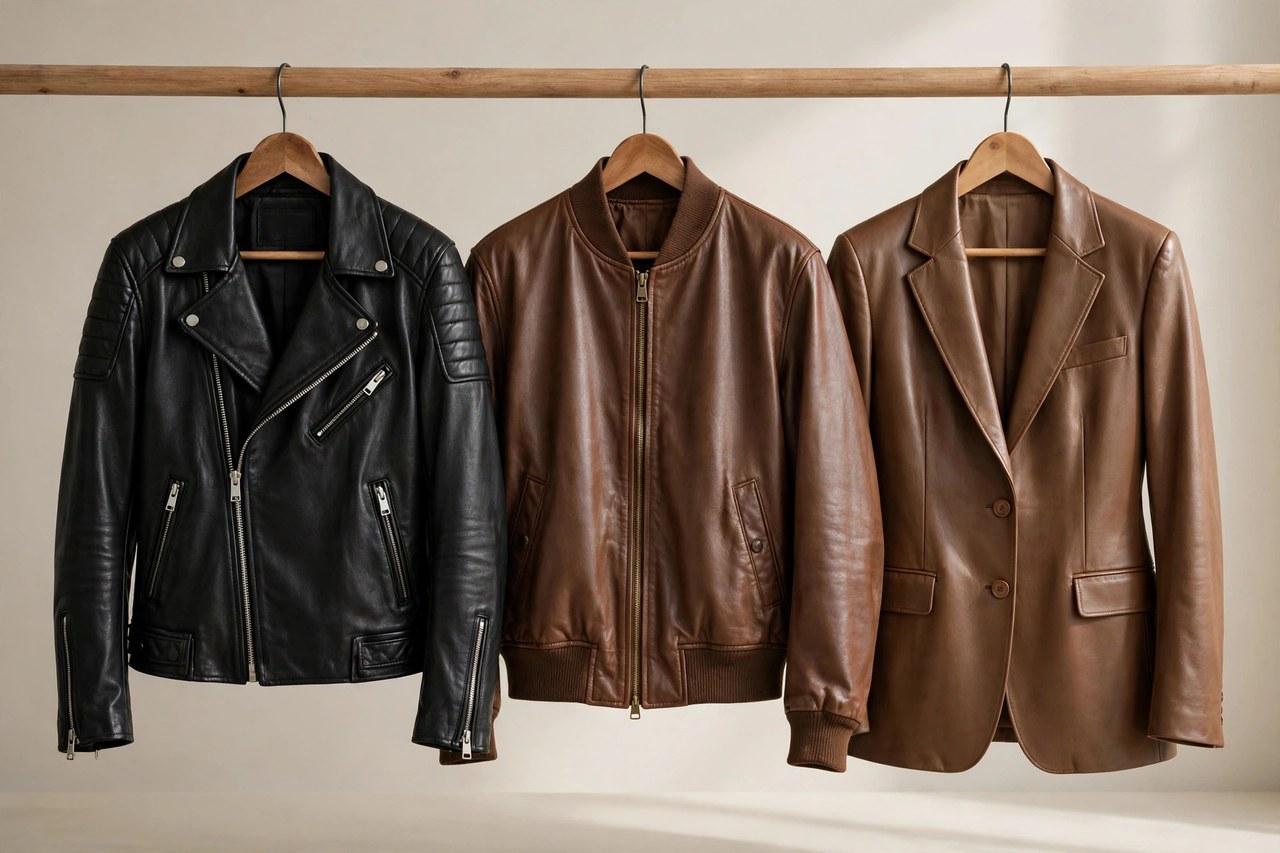 Women's leather jackets on a rail: a black moto jacket, a brown bomber and a tailored leather blazer