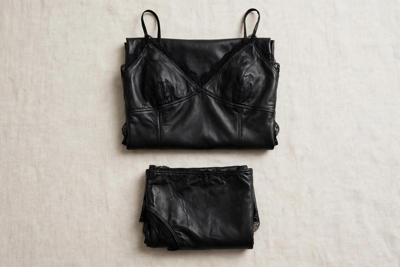 Women's leather lingerie pieces laid flat as a product display: a lace-trimmed leather camisole set in black leather, garments only