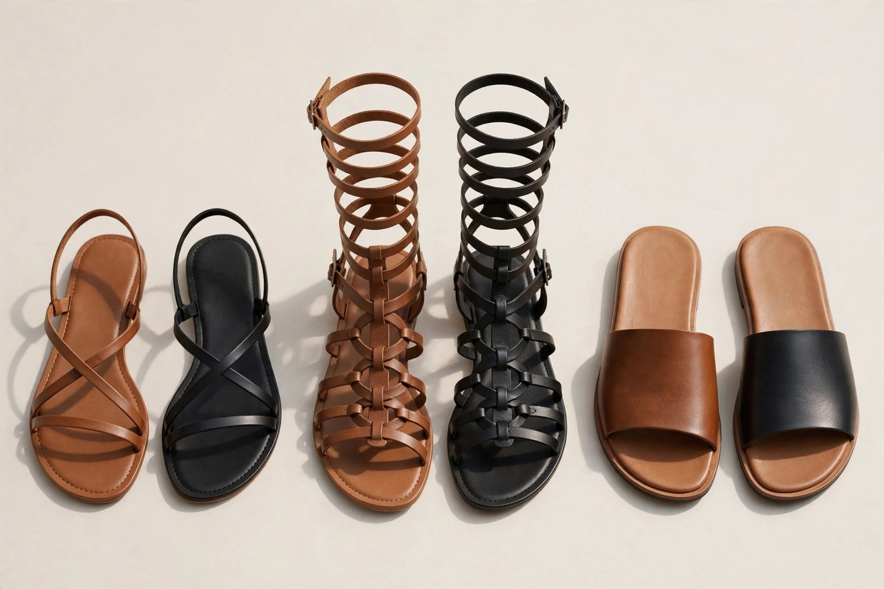 Women's leather sandals: flat strappy sandals, a gladiator pair and leather slides in tan and black