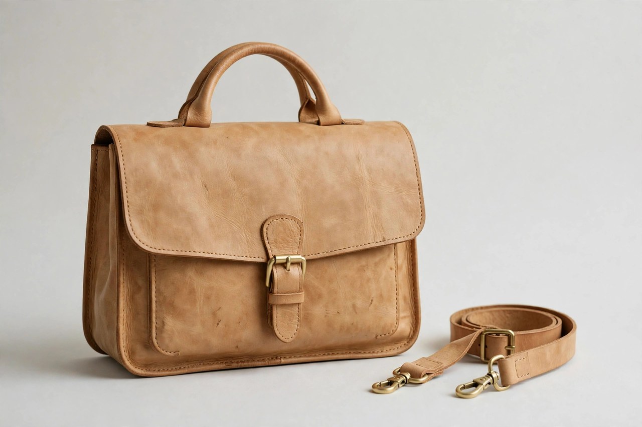 A women's leather satchel in tan vegetable-tanned leather with top handles, a flap and a detachable shoulder strap
