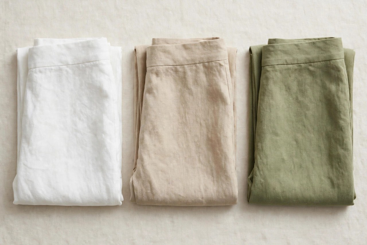 Neatly folded women's linen pants in white, natural beige and soft olive
