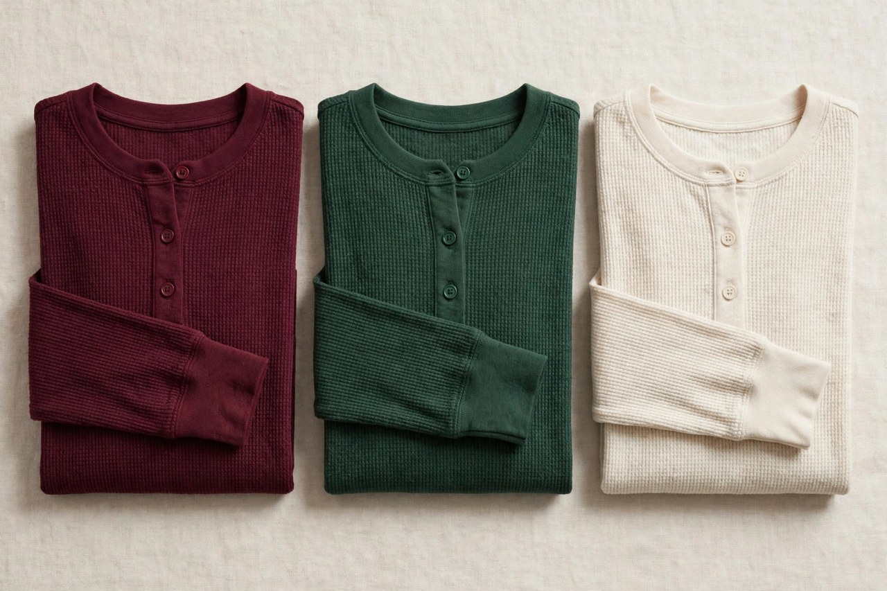 Neatly folded women's long sleeve henley shirts with button plackets in burgundy, green and cream