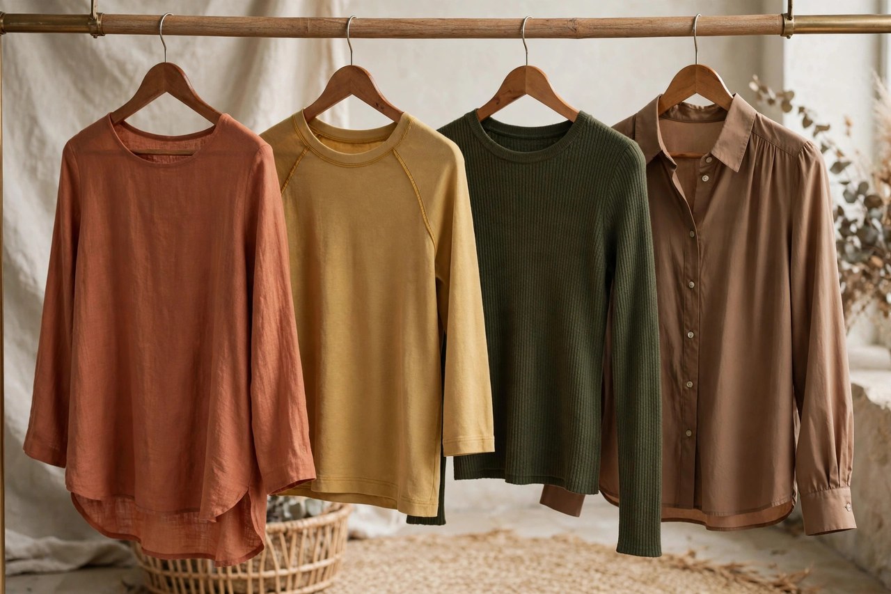 A variety of women's long sleeve tops on a rail: a tunic, a raglan top, a ribbed knit and a blouse