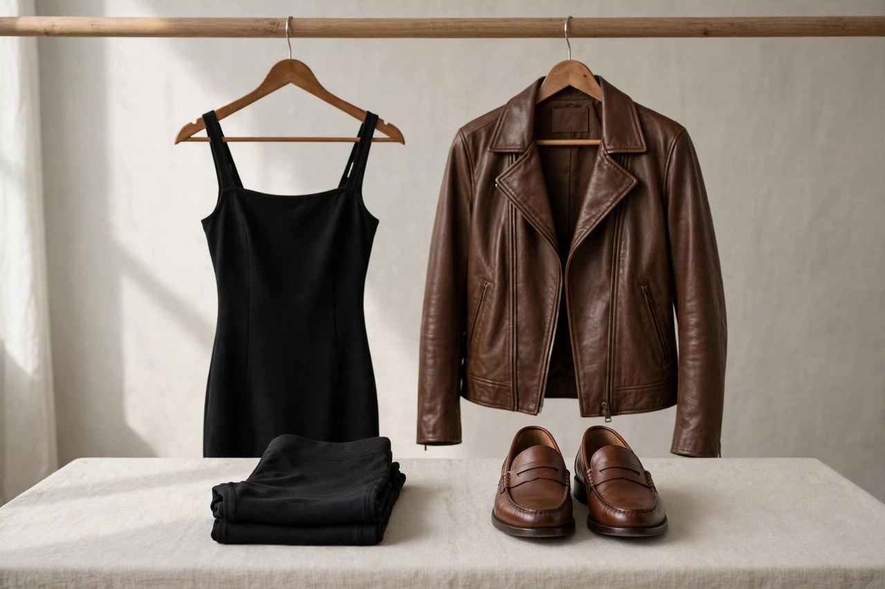An arrangement of women's items beginning with L: leggings, a little black dress, loafers and a leather jacket on a rail