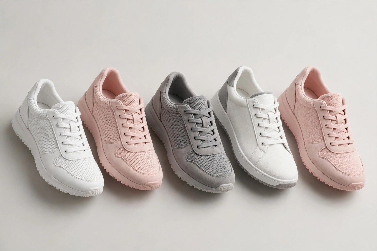 A collection of women's casual lifestyle sneakers in white, blush pink and grey